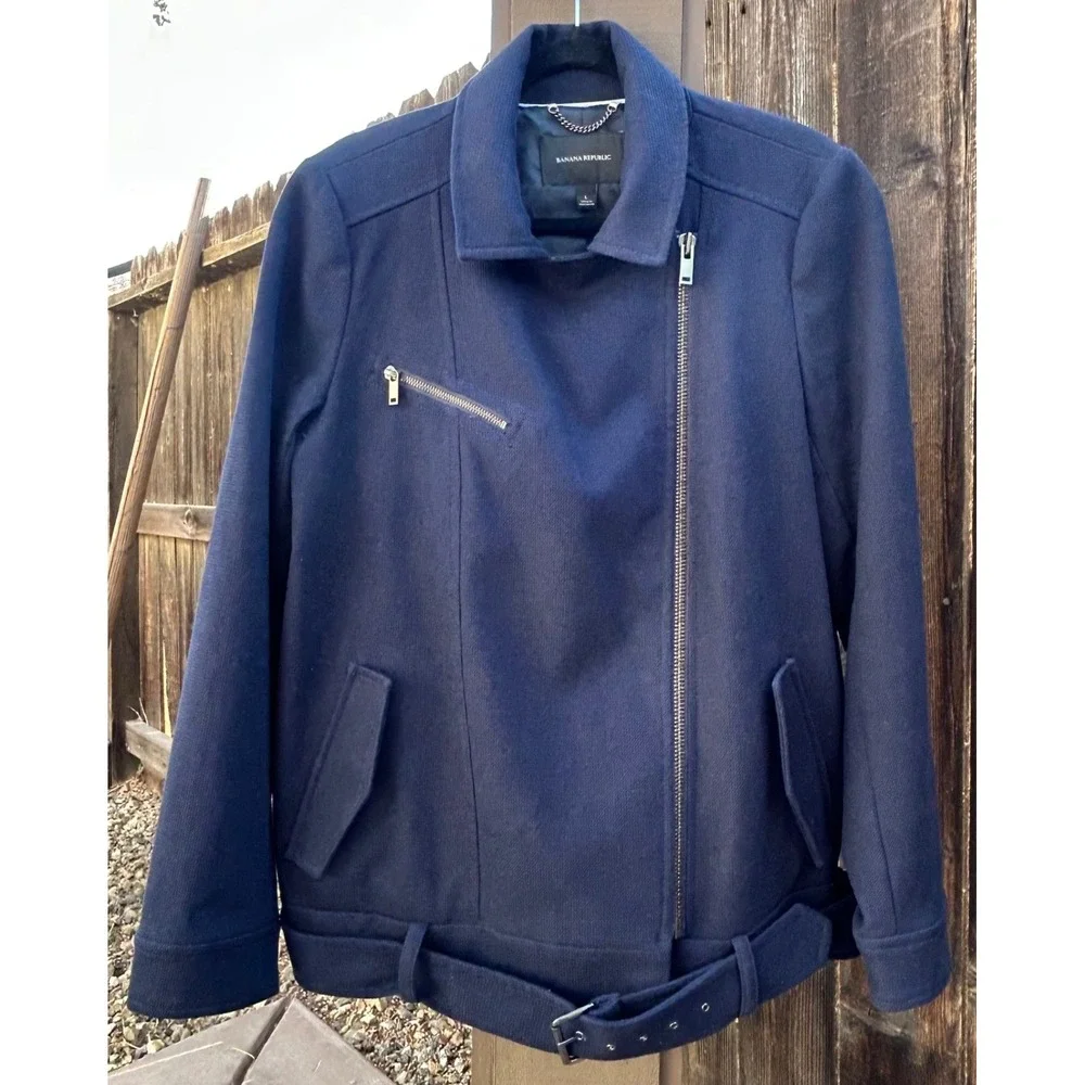 Banana Republic Jacket Womens L Navy Blue Moto Belted Zip Biker Coat